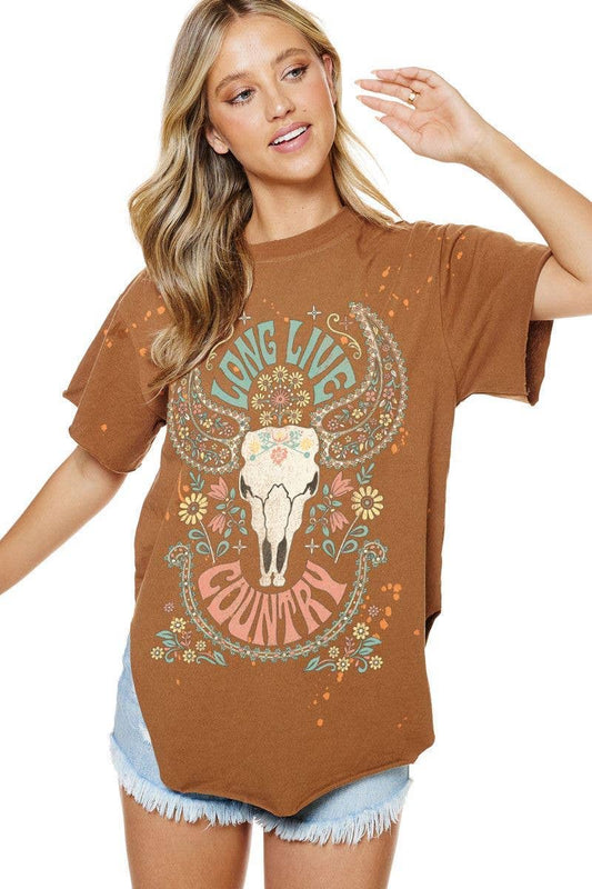 Long Live Country Cow Skull Graphic Bleached Top