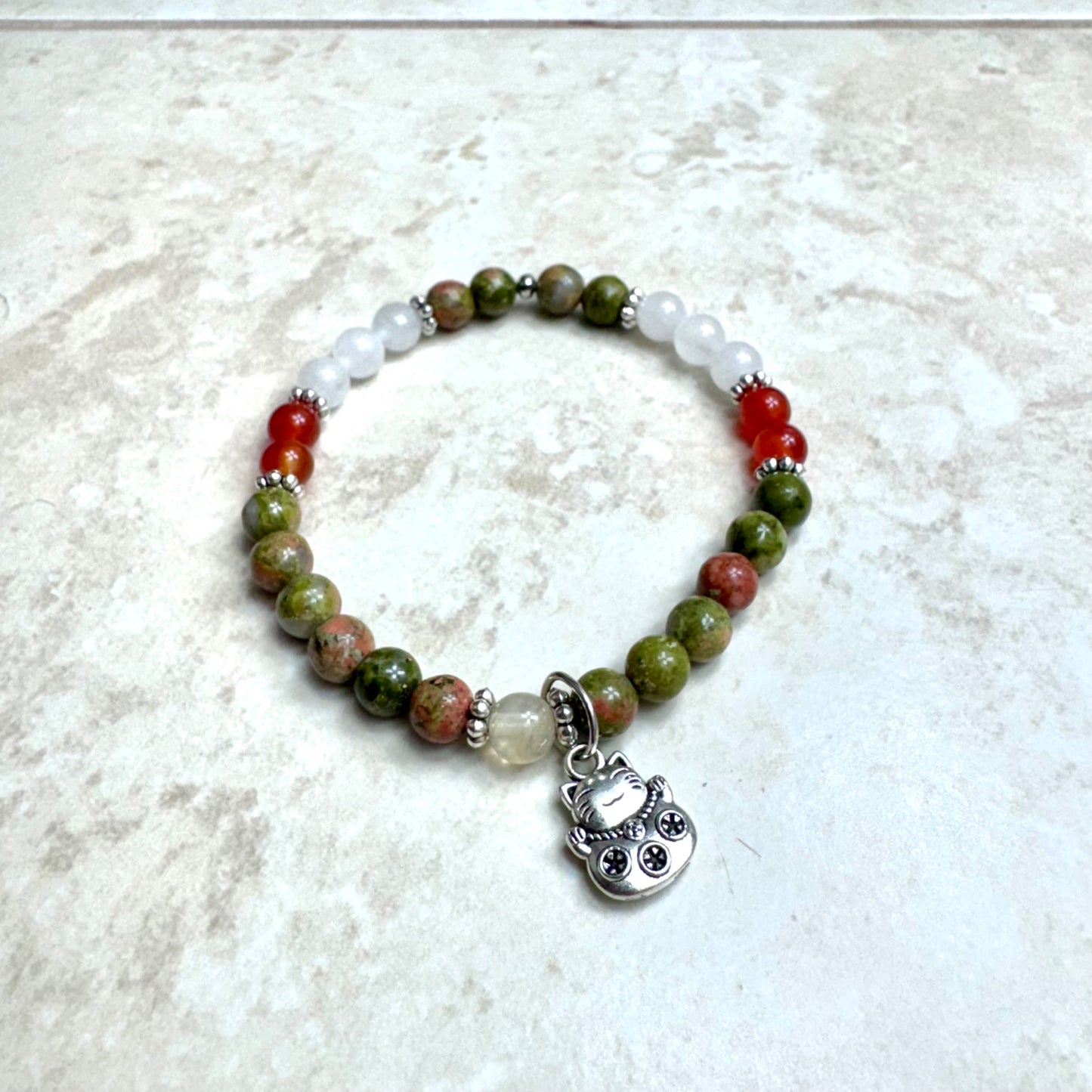 6.5" White Jade, Red Agate, and Unakite Bracelet w/ Lucky Kitty Charm