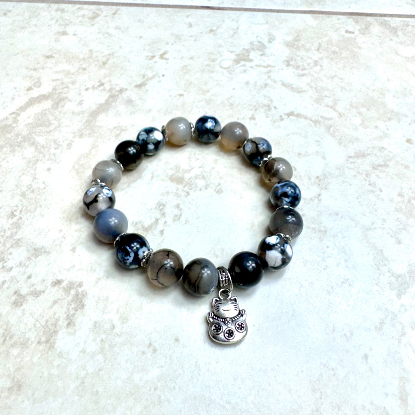 6.25" Fire Agate Bracelet w/ Lucky Kitty Charm