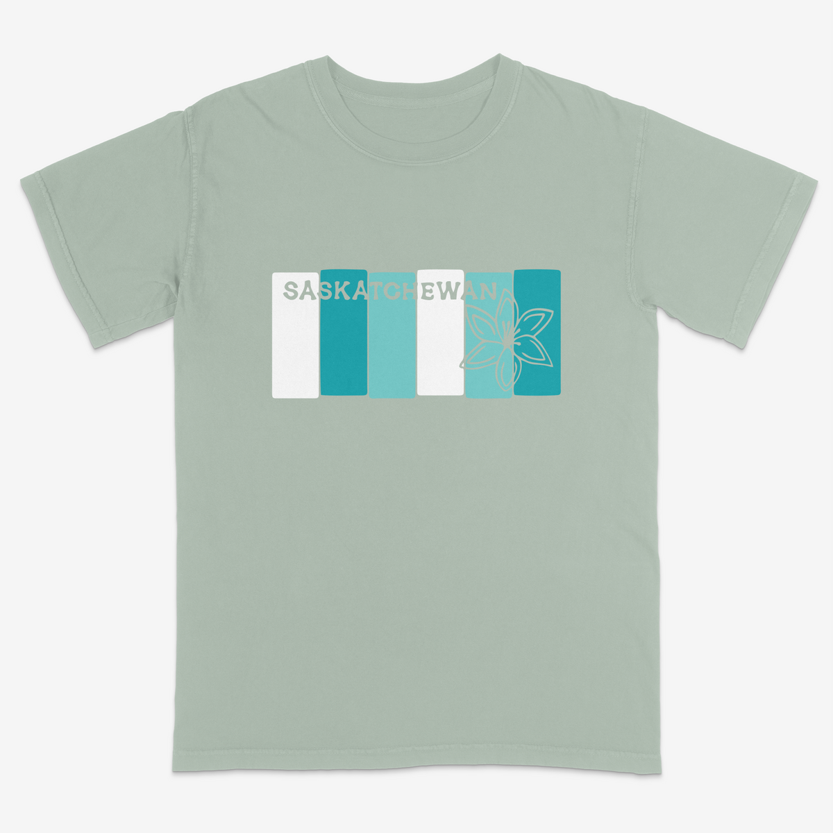 Front view of bay t-shirt with colour-block graphic print
