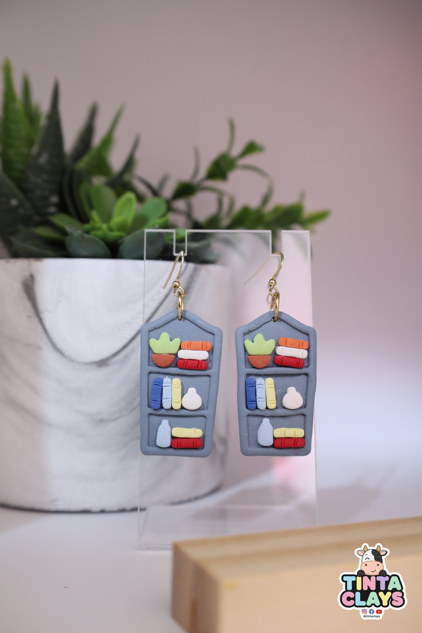 Blue Bookshelf Polymer Clay Dangle Earrings