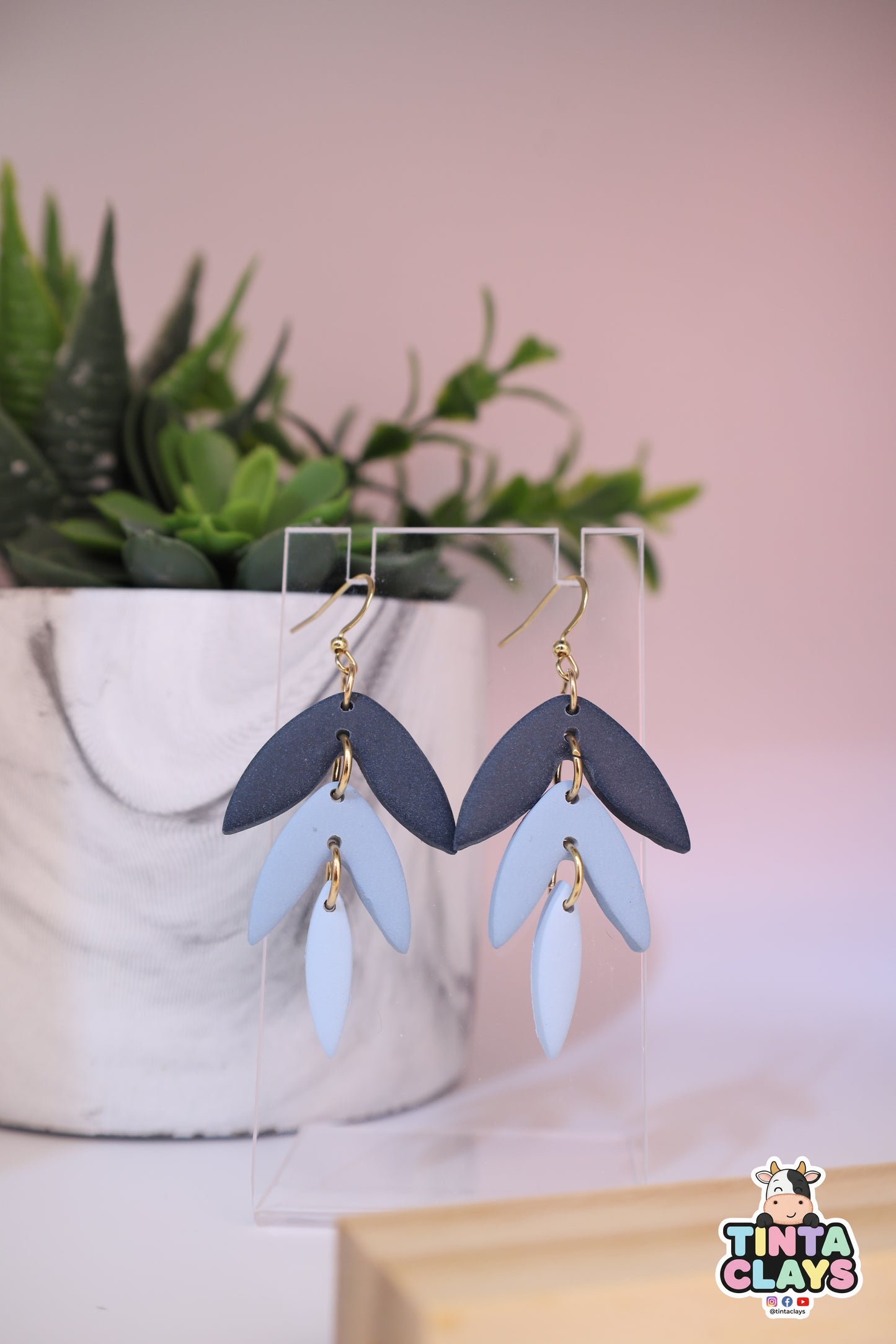 Blue Leaf Drop Polymer Clay Dangle Earrings