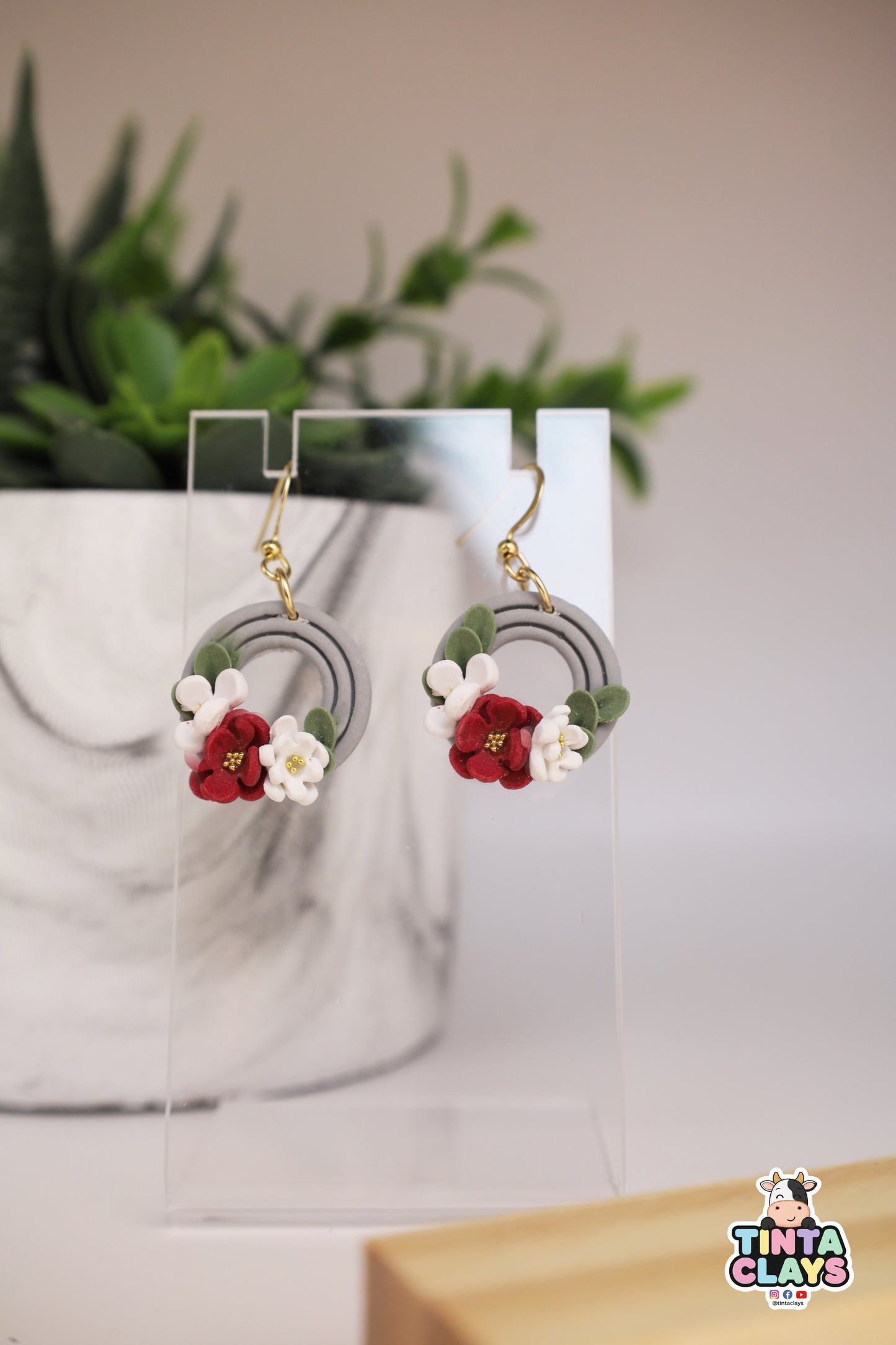 Floral Circle Polymer Clay Dangle Earrings