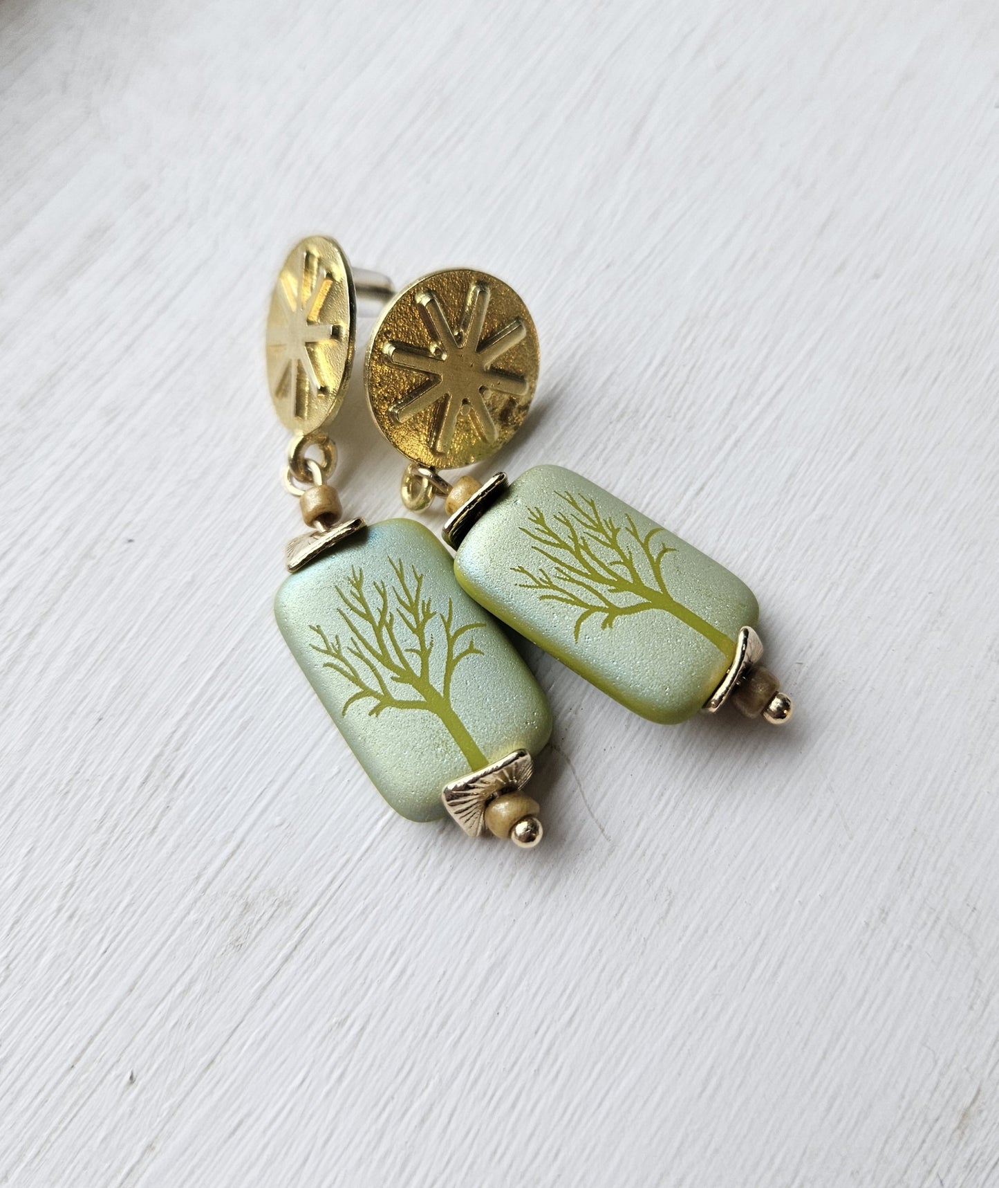 Gold tone Sunburst and Green Tree Earrings