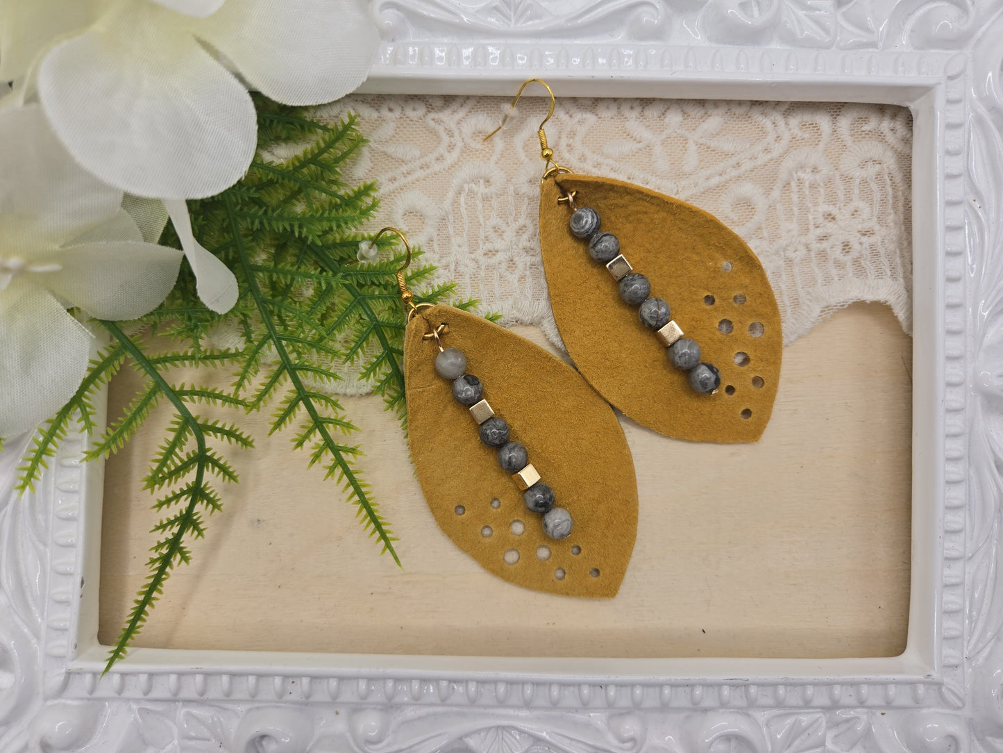 Leather Earrings with Map Jasper