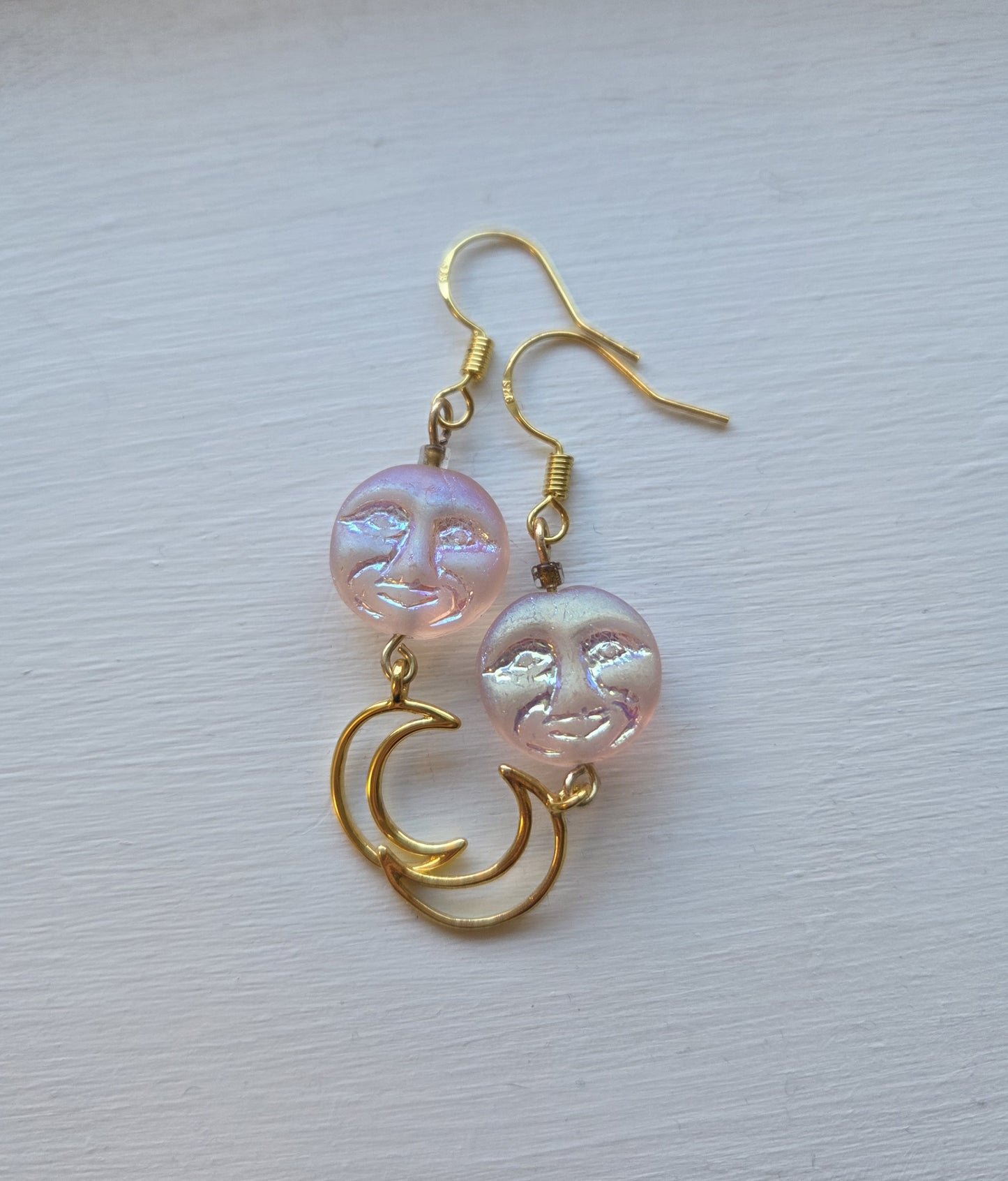 Opaline Pink Czech Glass Moon Face and Gold Crescent Moon Earrings