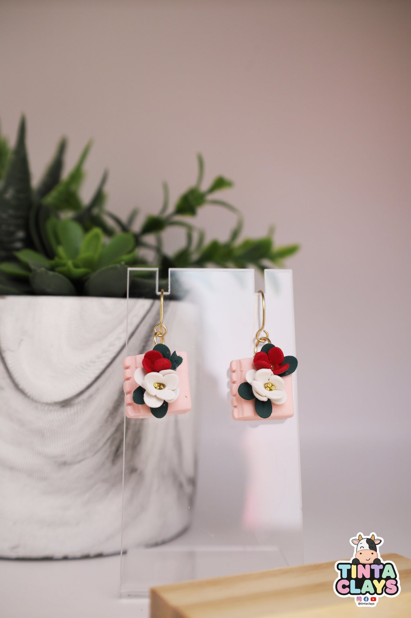 Pink Book with Flowers Polymer Clay Dangle Earrings
