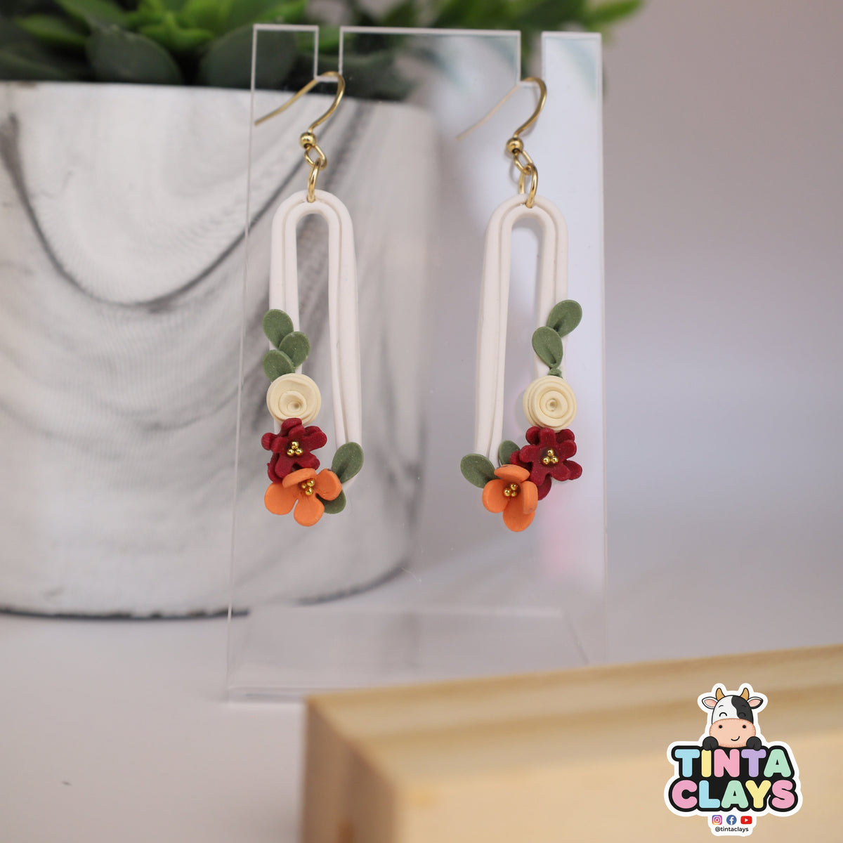 White Arch Floral Polymer Clay Dangle Earrings