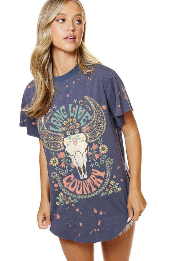 Long Live Country Cow Skull Graphic Bleached Top