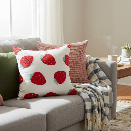 Cotton Embroidered Square Cushion (Big Strawberries)