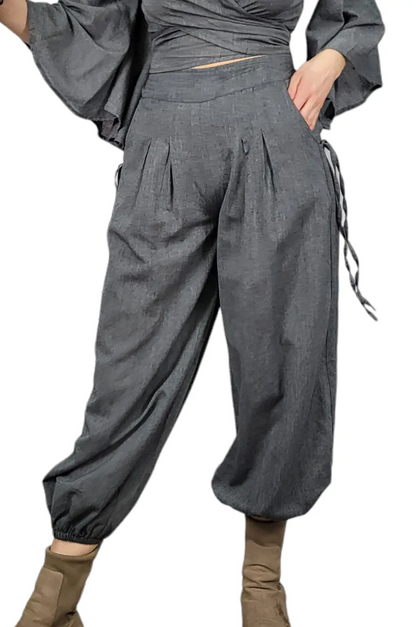 Solid Half-Elastic Cotton Pants