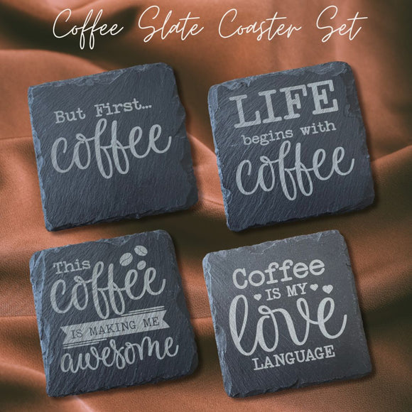 Coffee Themed Slate Coaster Set
