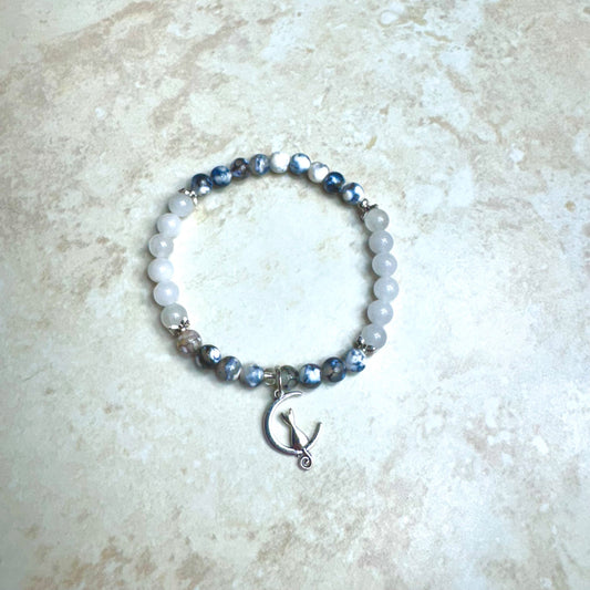 6.75" Fire Agate & Quartz Bracelet w/ Moon Kitty Charm