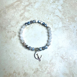 6.75" Fire Agate & Quartz Bracelet w/ Moon Kitty Charm