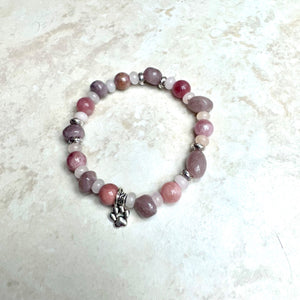 6.5" Quartz, Sunstone & Rose Quartz Bracelet with/ Silver Paw Print Charm