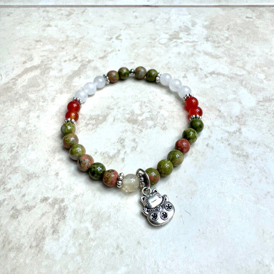 6.5" White Jade, Red Agate, and Unakite Bracelet w/ Lucky Kitty Charm