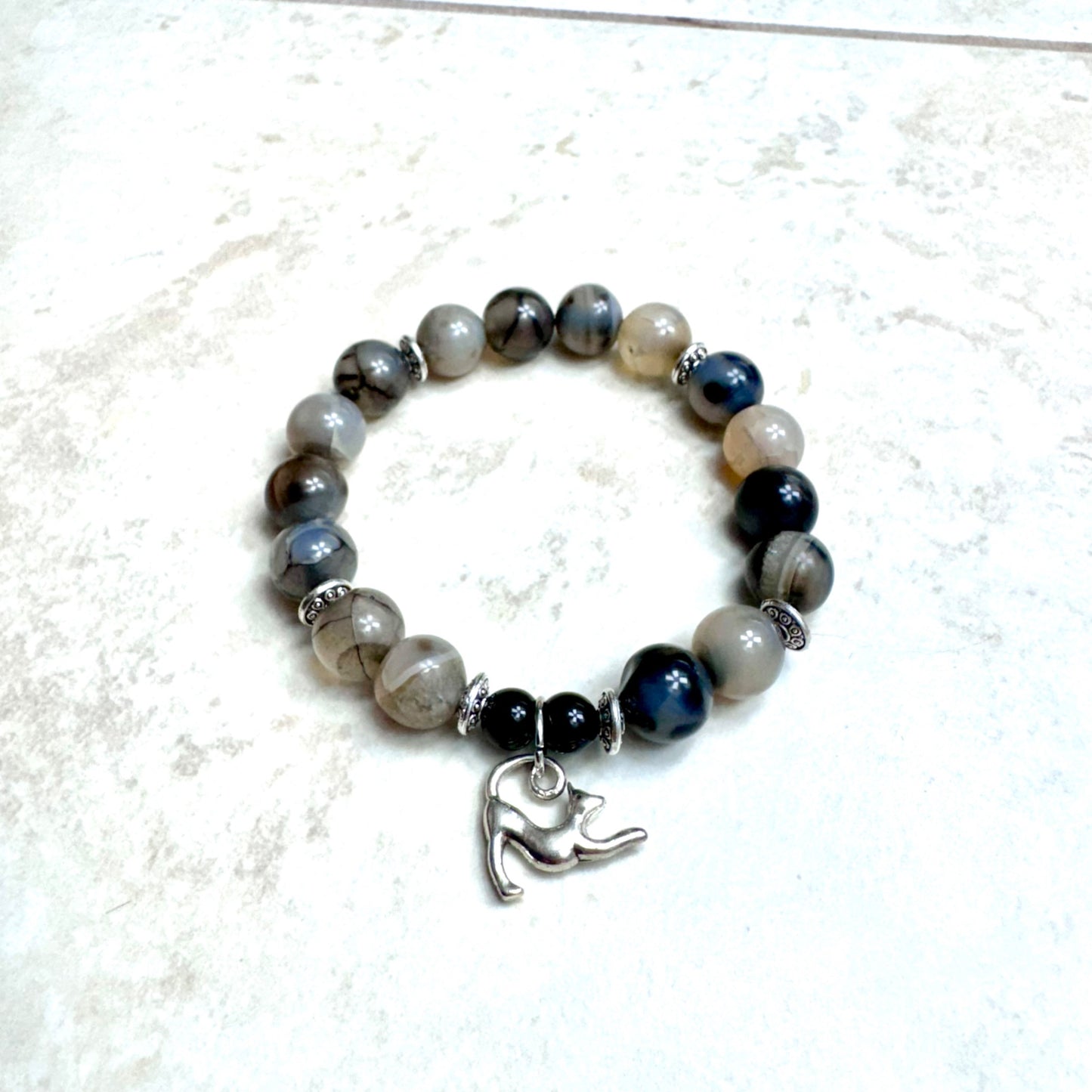 6.5" Fire Agate w/ Silver Stretching Kitty Charm