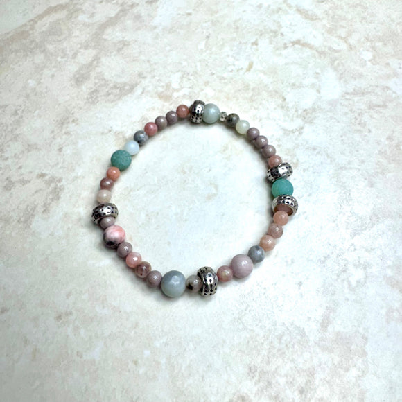 6” 4mm Quartz, Sunstone & Amazonite Bracelet w/ Floating Rondelles