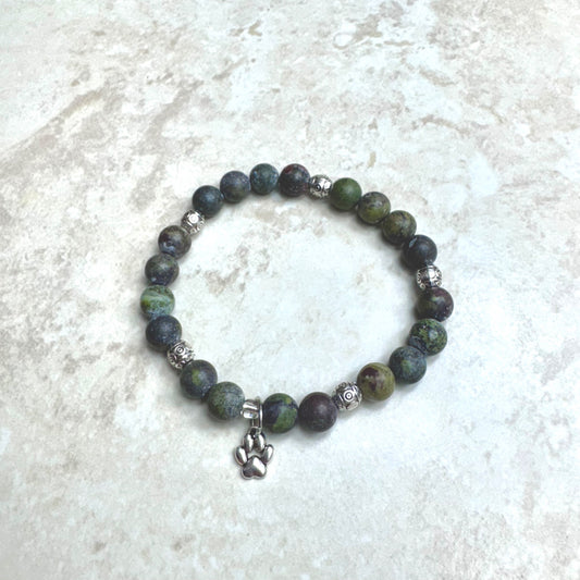 6.75" Matte Dragon Blood Jasper Bracelet w/ Silver Paw Print Charm