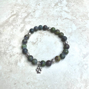 6.75" Matte Dragon Blood Jasper Bracelet w/ Silver Paw Print Charm