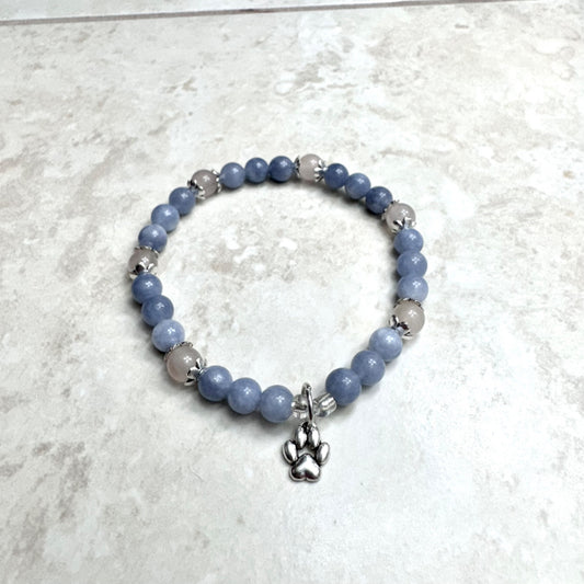 6.5" Aquamarine & Agate Bracelet with/ Silver Paw Print Charm