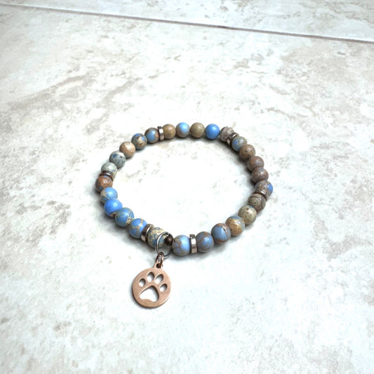 6" Sand & Blue Dyed Agate w/ Rose Gold Cut-Out Paw Print Charm
