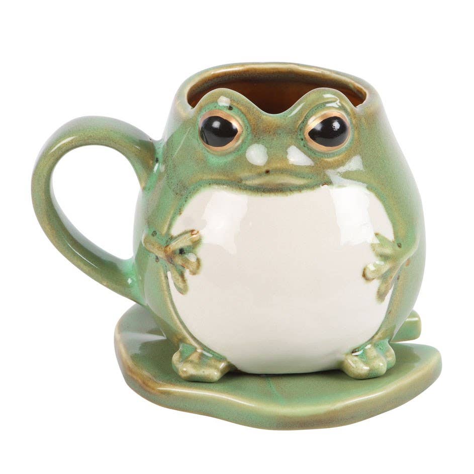 Frog Shaped Ceramic Mug and Lily Pad Saucer