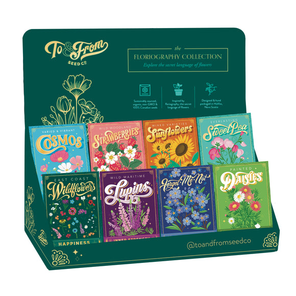Floriography Seed Packet Countertop Display + 100 Seed Packets