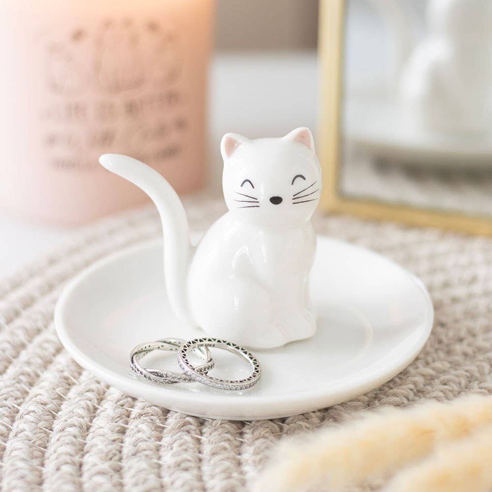 Sitting White Cat Face Ceramic Trinket Dish