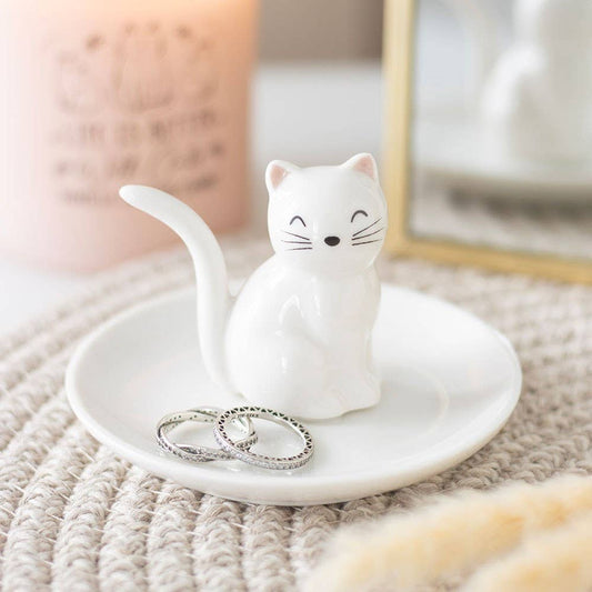 Sitting White Cat Face Ceramic Trinket Dish