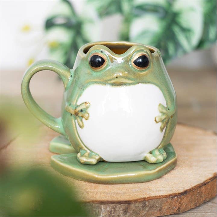 Frog Shaped Ceramic Mug and Lily Pad Saucer