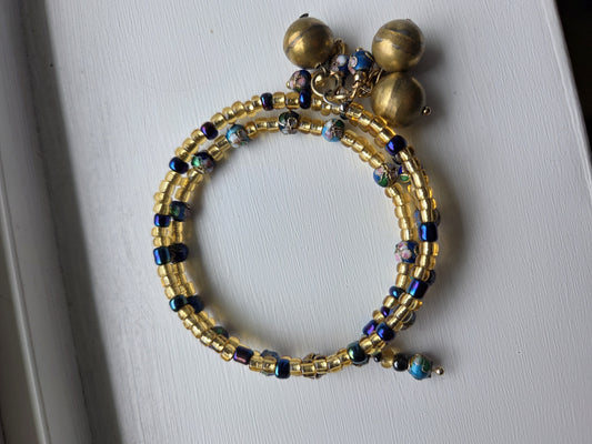 Cloisonne, Blue and Gold Glass Wrap Bracelet