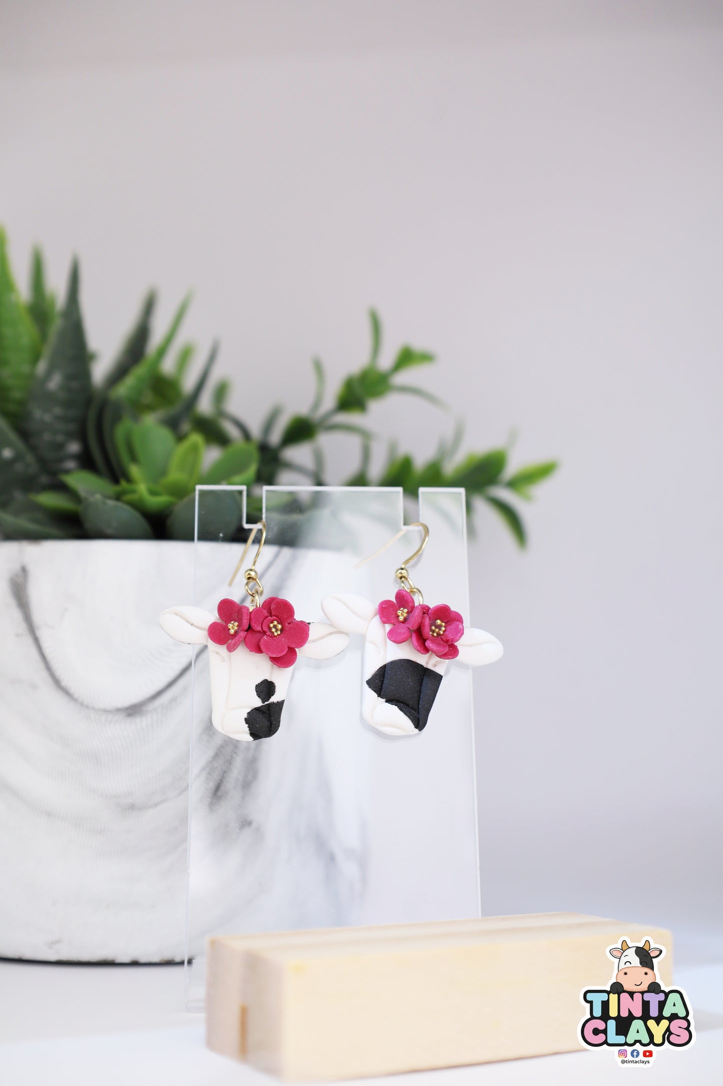 Cow with Flowers Polymer Clay Dangle Earrings