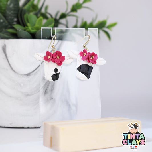 Cow with Flowers Polymer Clay Dangle Earrings
