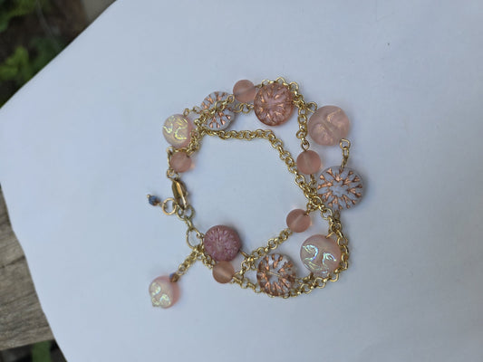 Czech Glass Rose Pink Dahlia and Moon Face Bracelet