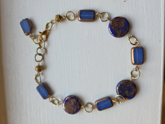 Dark Blue and Crackle Czech Glass  BeadBracelet