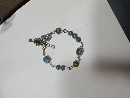 Earthy Ceramic and Antique Brass Bracelet with Key Charm