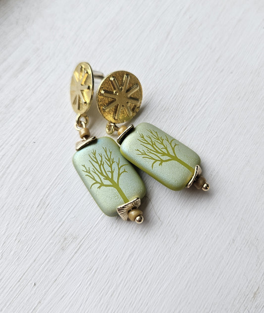 Gold tone Sunburst and Green Tree Earrings