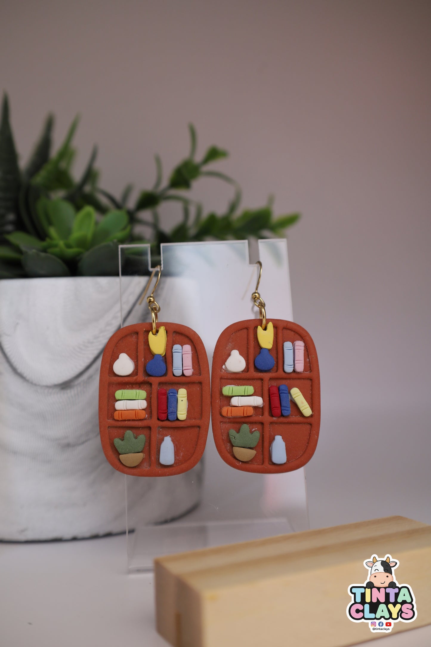 Handmade Brown Bookshelf Earrings