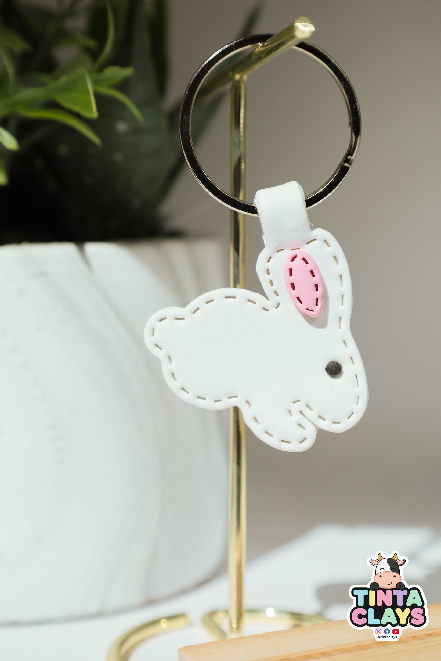 Hoppin’ White Rabbit Polymer Clay Keychain