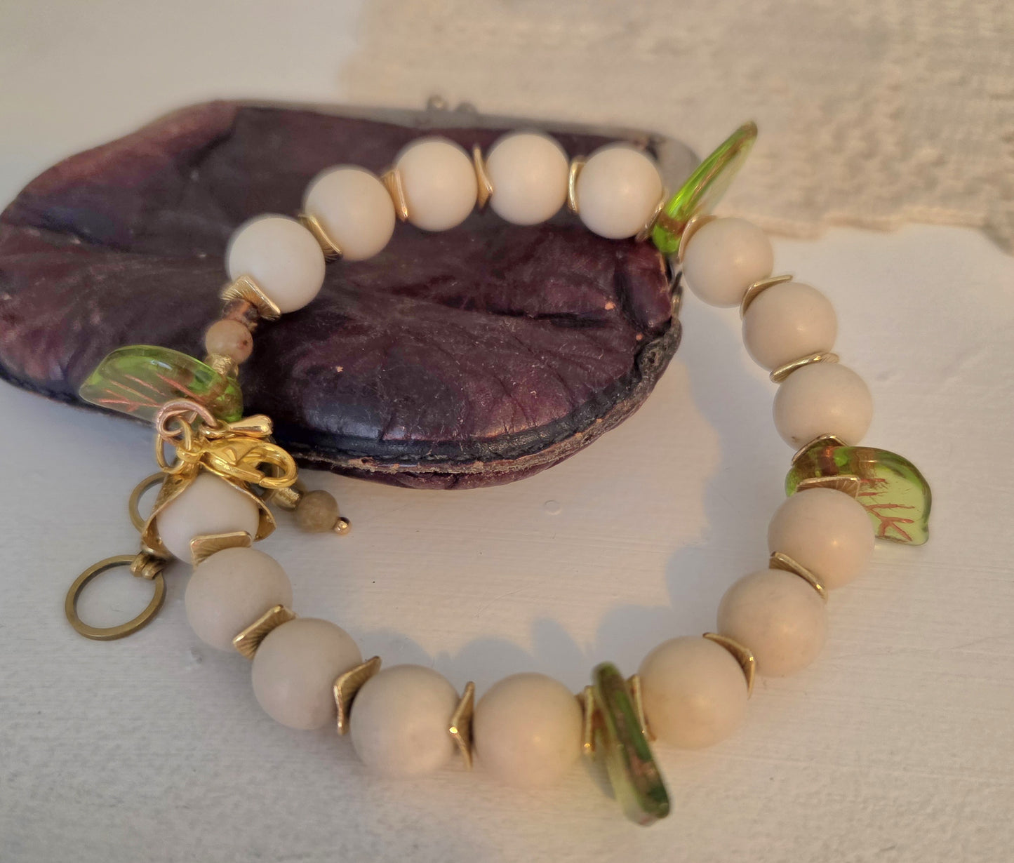 Howlite, Gold and Green Czech Leaf Memory Wire Bracelet