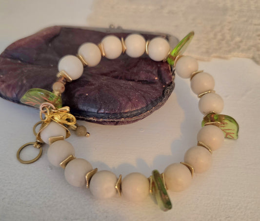 Howlite, Gold and Green Czech Leaf Memory Wire Bracelet