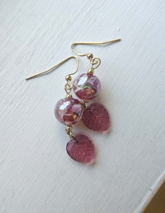 Lamp work Swirl and Czech Glass Leaf Earrings
