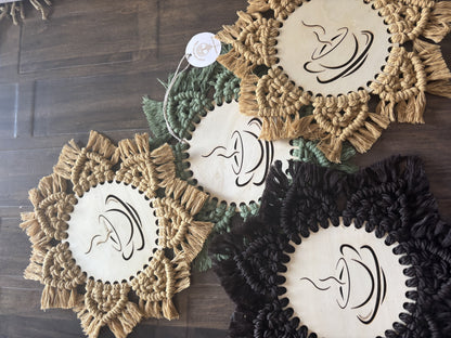 macrame and wood hot pad