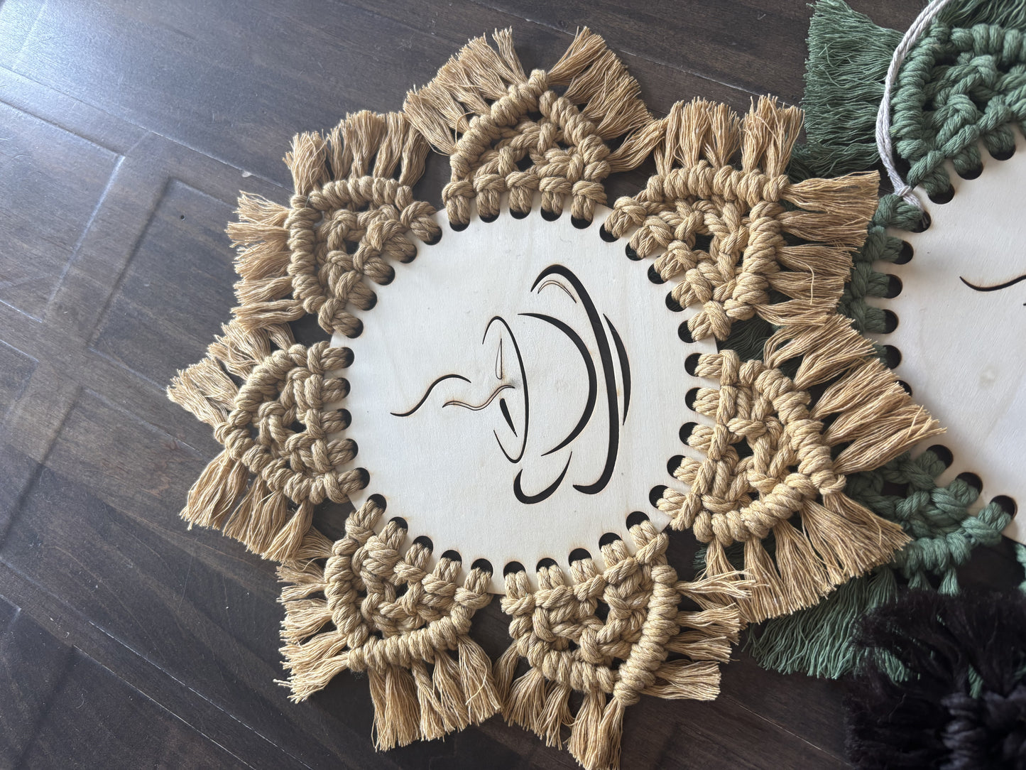 macrame and wood hot pad