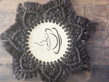 macrame and wood hot pad
