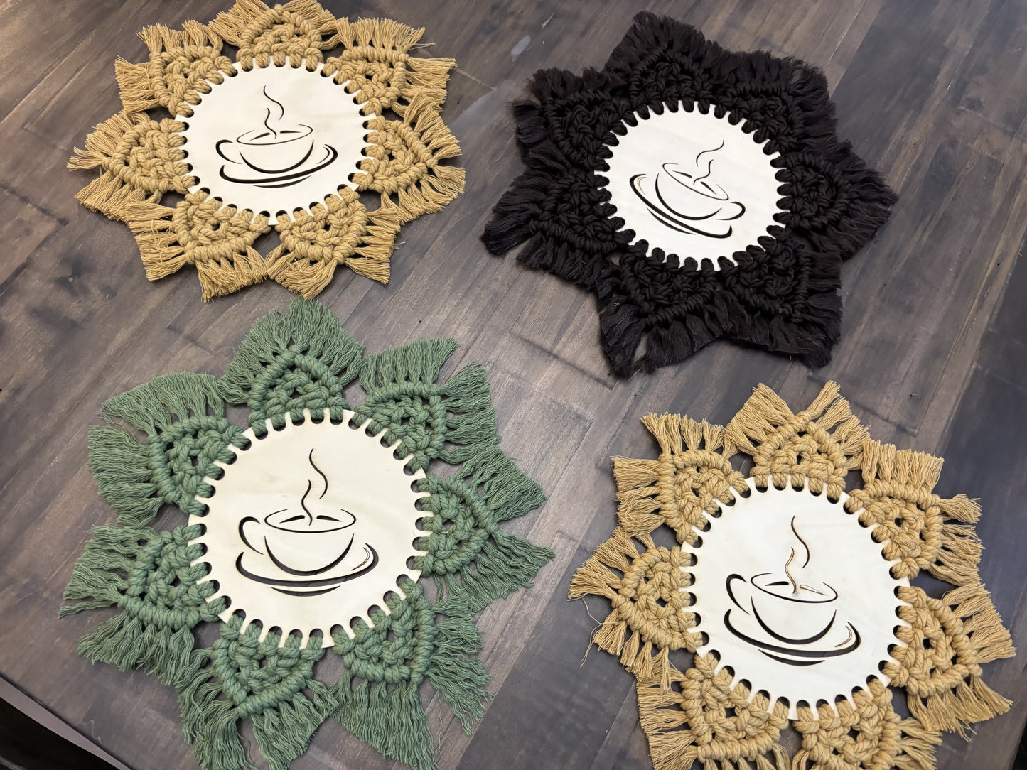 macrame and wood hot pad