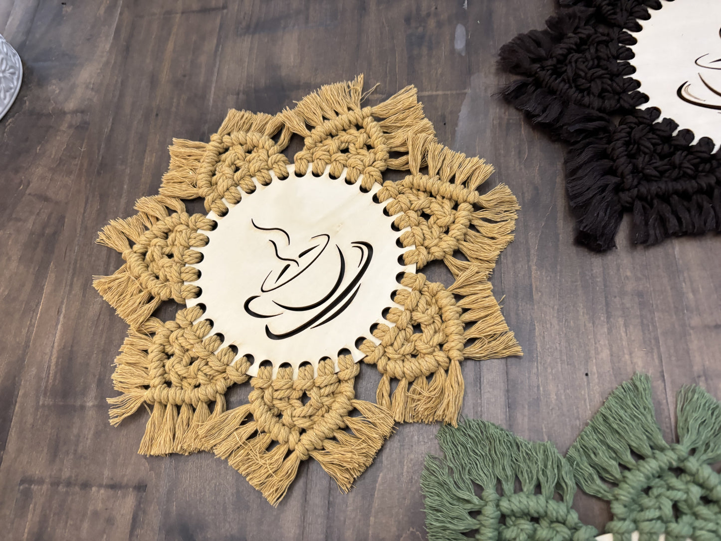 macrame and wood hot pad