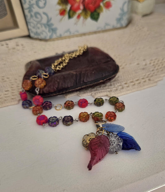 Multicolour Flower and Leaf Czech Glass Necklace
