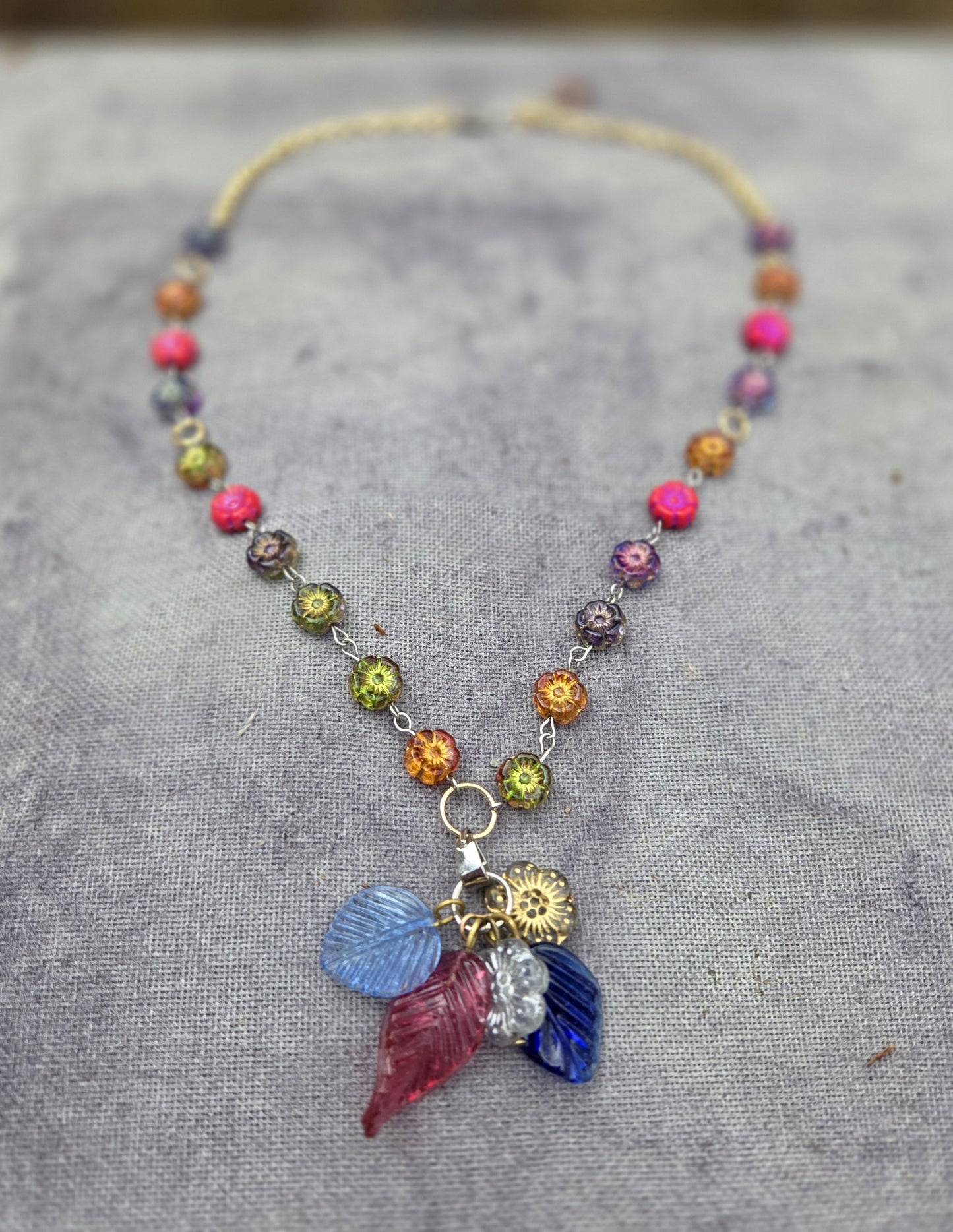 Multicolour Flower and Leaf Czech Glass Necklace